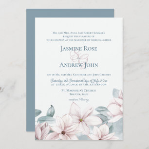 Invitation Magnolias Bleu Dusty Élégant Mariage Printemps