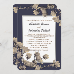 Invitation Magnolias Greige Sud Mariage bleu nuit