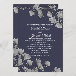 Invitation Magnolias gris du Sud et Mariage bleu de minuit
