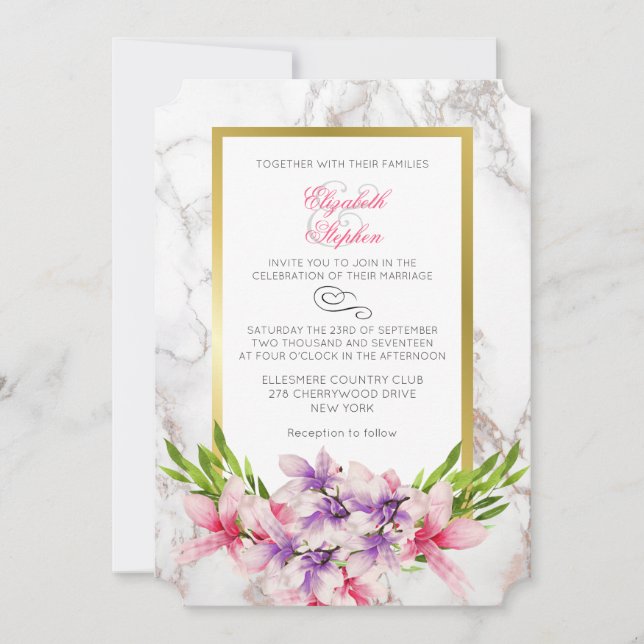 Invitation Magnolias roses et violettes sur un Mariage en mar (Devant)