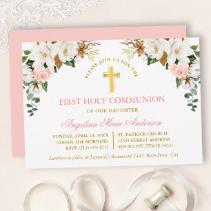 Invitation Magnolias Roses Or Communion Aquarelle