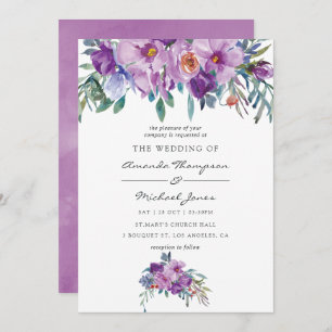Invitation Magnolias violet et Mariage Rose d'aquarelle