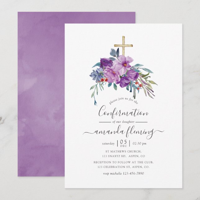 Invitation Magnolias violets et Roses Aquarelle Confirmation (Devant / Derrière)