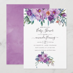 Invitation Magnolias violettes et roses Baby Shower aquarelle