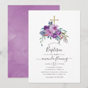 Invitation Magnolias violettes et roses baptême à l'aquarelle