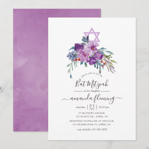 Invitation Magnolias violettes et roses Bar Mitzvah aquarelle