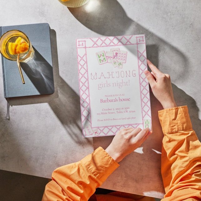 Invitation Mahjong Party Invites, Bamboo lettering, pink tile (Créateur téléchargé)