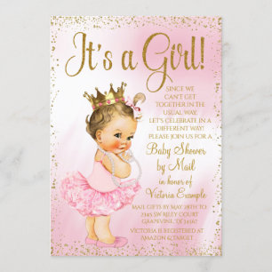 Invitation Mail Baby shower Pink Gold Brunette Princess Tutu