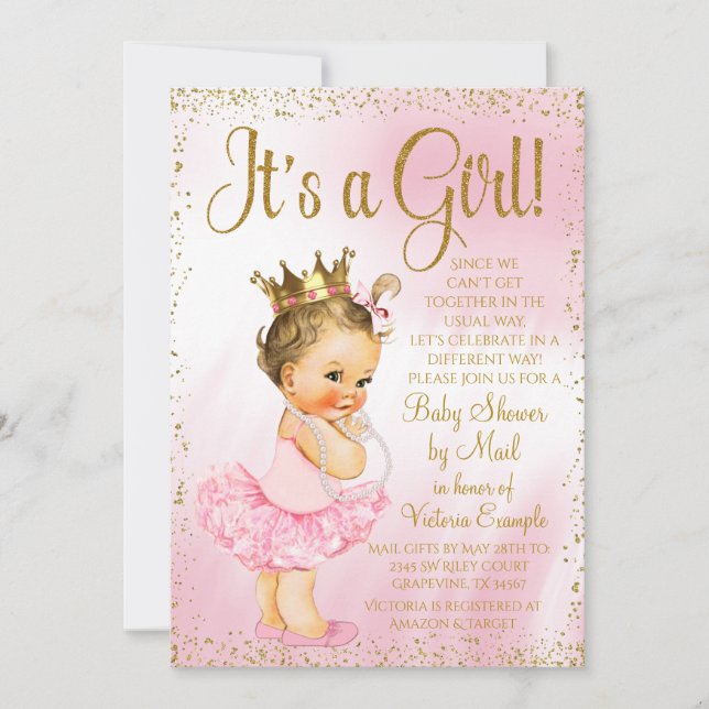 Invitation Mail Baby shower Rose or Brunette Princess Tutu (Devant)