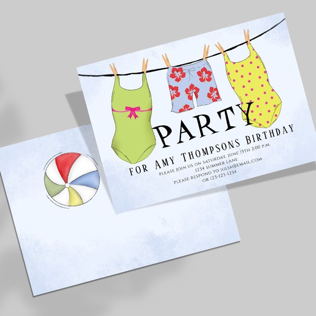 Invitation Maillots de bain mignons pour anniversaire de fête (With a whimsical beach ball on the backside. )