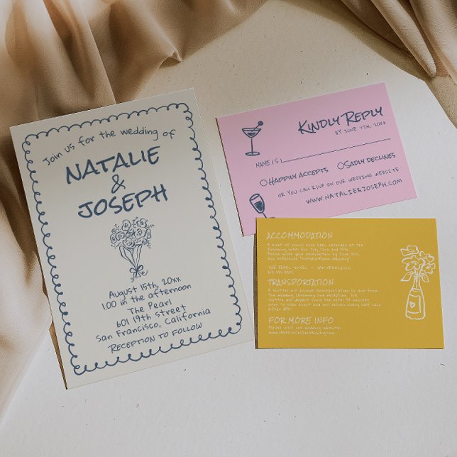 Invitation Main bleue de la marine rétro dessinée Mariage ori (Créateur téléchargé)