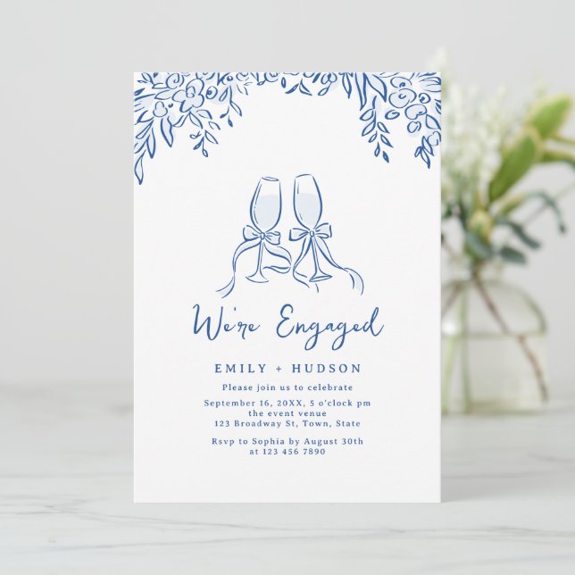 Invitation Main bleue dessinée acclamations toast engagement  (Debout devant)