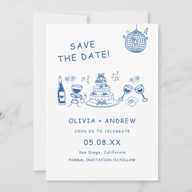 Invitation Main Bleue Levé Mariage Whimsical Enregistrer La D (Devant)