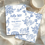 Invitation Main bleue Whimsical tiré 30e fête d'anniversaire<br><div class="desc">Whimsical Blue Hand Drawn 30th Birthday Party Invitation de fête d'anniversaire Gras et bleu dessinée main avec quelques fleurs,  bouteille de champagne,  verres nourriture et cherub. Tout le texte est modifiable,  ce qui en fait un modèle de parti très polyvalent qui peut être utilisé pour n'importe quel âge.</div>