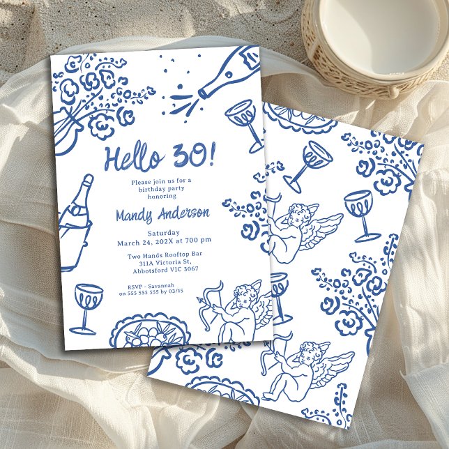 Invitation Main bleue Whimsical tiré 30e fête d'anniversaire (Whimsical Blue 30th Birthday Invitation, Editable Any Age Whimsical Hand Drawn Birthday Invitation)