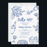 Invitation Main bleue Whimsical tirée 40e fête d'anniversaire<br><div class="desc">Whimsical Blue Hand Drawn 40th Birthday Party Invitation de fête d'anniversaire Gras et bleu dessinée main avec quelques fleurs,  bouteille de champagne,  verres nourriture et cherub. Tout le texte est modifiable,  ce qui en fait un modèle de parti très polyvalent qui peut être utilisé pour n'importe quel âge.</div>