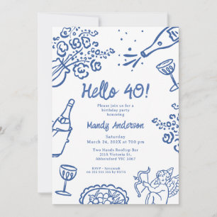 Invitation Main bleue Whimsical tirée 40e fête d'anniversaire
