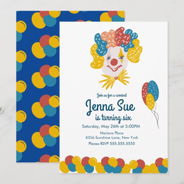 Invitation Main de clown dessinée Carnaval Anniversaire Color (Devant / Derrière)