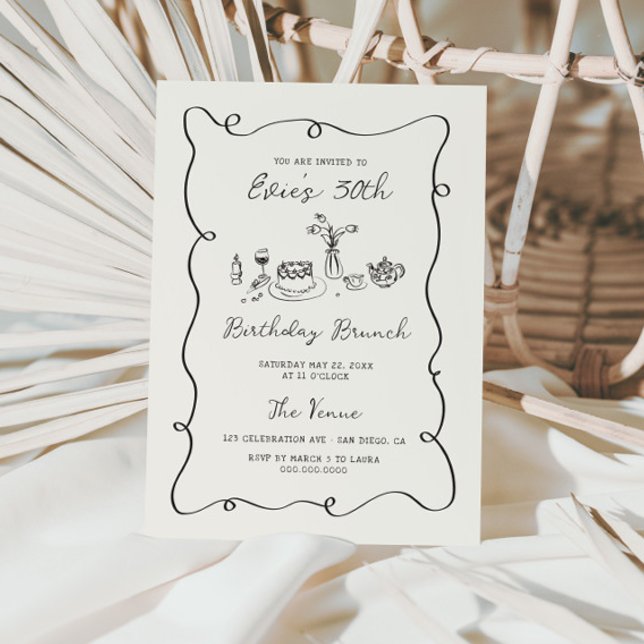 Invitation Main dessinée Anniversaire Brunch Squiggle Cadre (Créateur téléchargé)