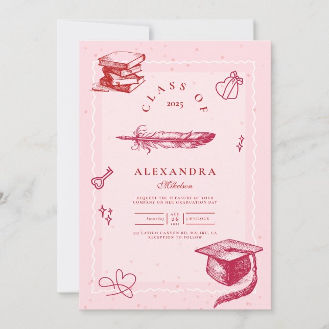 Invitation Main dessinée Illustrée Pink Graduation Party (Devant)