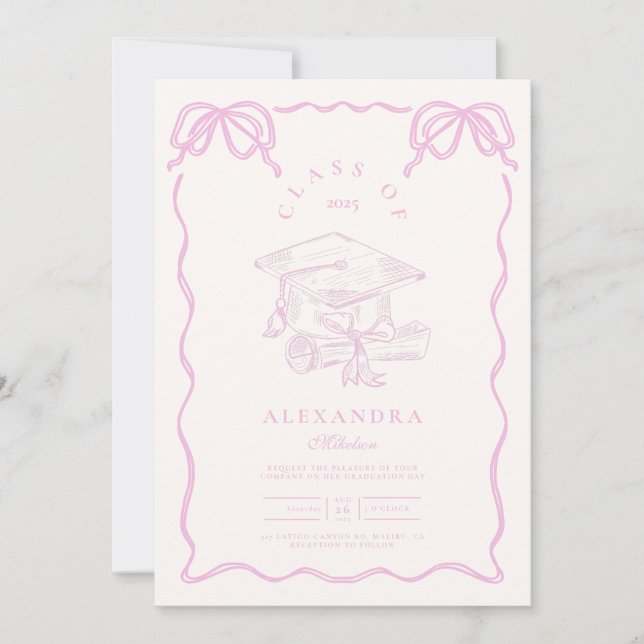 Invitation Main dessinée Illustrée Pink Graduation Party (Devant)