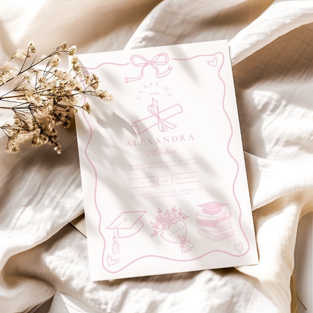 Invitation Main dessinée Illustrée Pink Graduation Party (Créateur téléchargé)