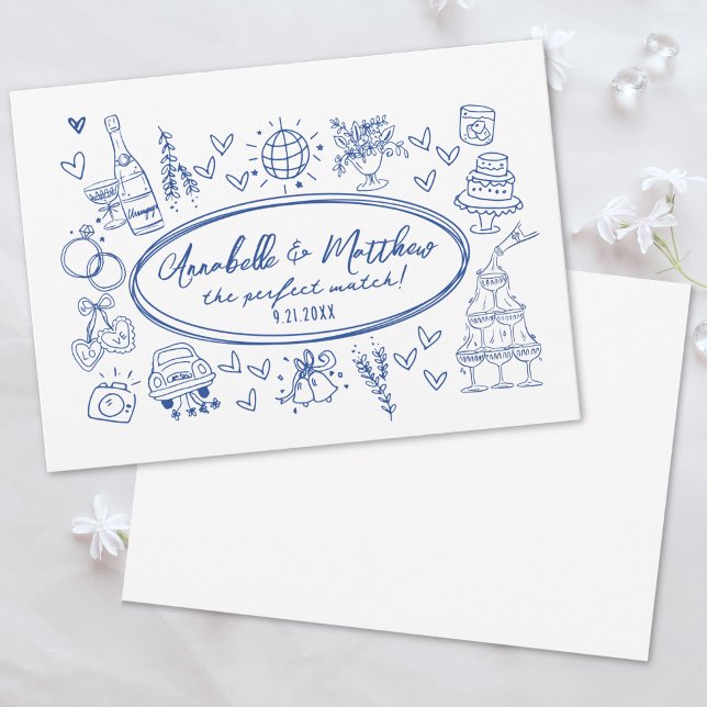 Invitation Main dessinée manuscrite bleu Mariage Whimsical (Hand Drawn Handwritten Blue Whimsical Wedding Invitation)
