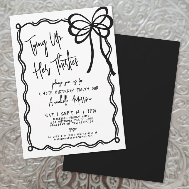 Invitation Main dessinée noir blanc Bow 40e anniversaire (Hand Drawn Black White Bow 40th Birthday Invitation)