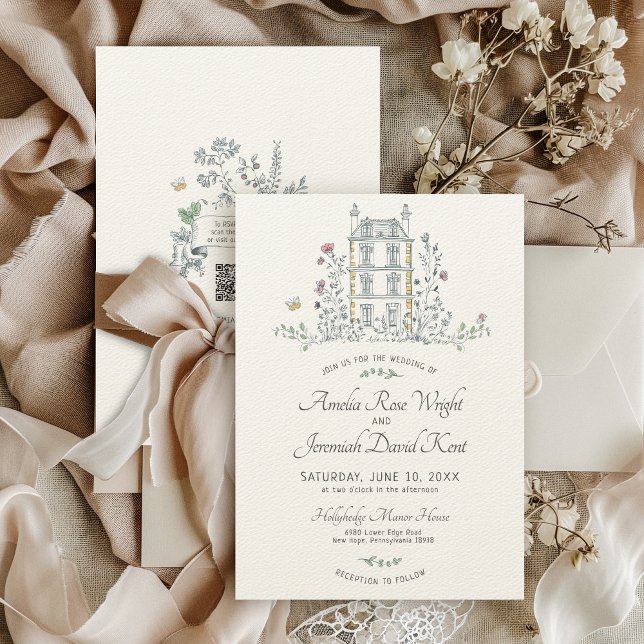 Invitation Main dessinée Whimsical Floral Manor House Mariage (Romantic hand drawn illustrated floral manor house villa ivory quirky vintage wedding invitation)