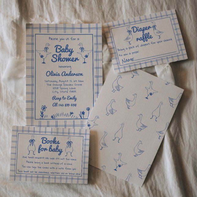 Invitation Main d'oie dessinée bleu En vichy bébé garçon douc (Créateur téléchargé)