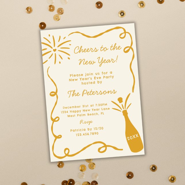 Invitation Main dorée dessinée à la main Champagne qui saute  (Créateur téléchargé)