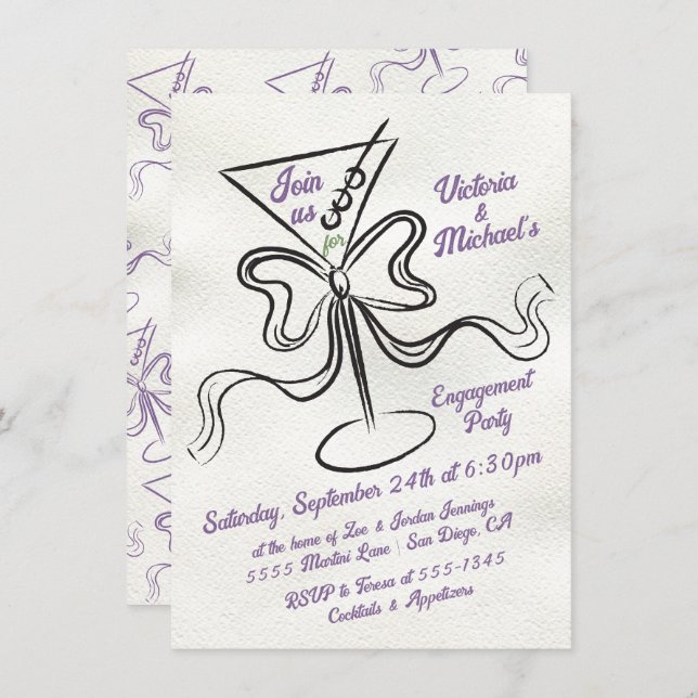Invitation Main Drake Martini Bow Funky Engagement Party (Devant / Derrière)