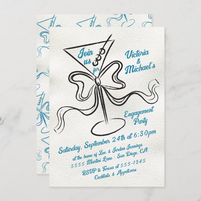 Invitation Main Drake Martini Bow Funky Engagement Party (Devant / Derrière)