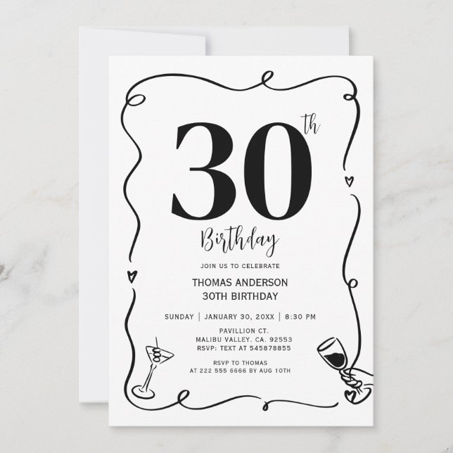 Invitation Main Drawn Birthday Party 30th, 40th, 50th, (Devant)