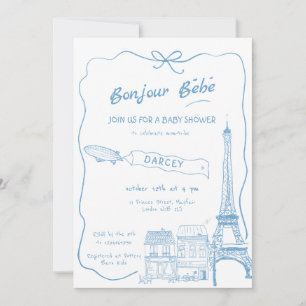 Invitation Main Drawn Bonjour Bebe Baby shower bleu français