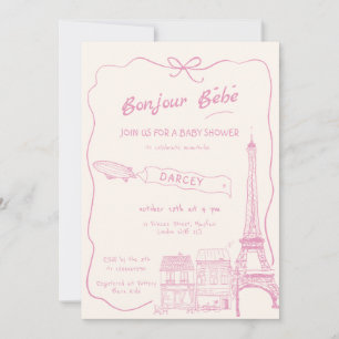 Invitation Main Drawn Bonjour Bebe Baby shower rose français