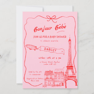 Invitation Main Drawn Bonjour Bebe Baby shower rose français