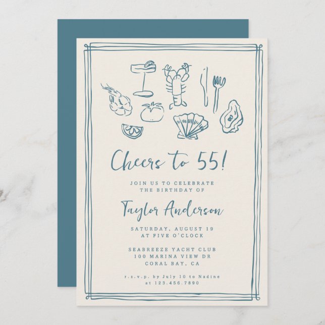 Invitation Main Drawn Funky Nautical Beach 55e anniversaire (Devant / Derrière)