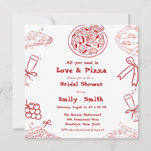 Invitation Main Drawn is love & Pizza Fête des mariées (Devant)