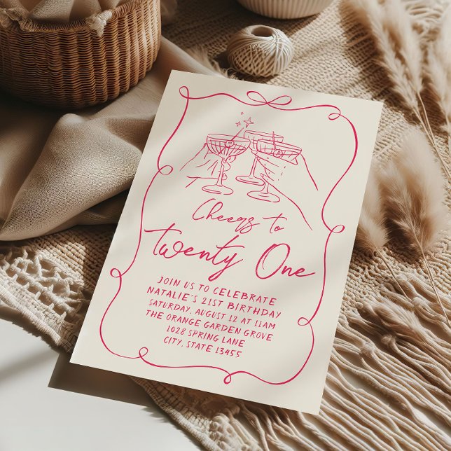 Invitation Main Drawn Pink Bow 21e Coquette Anniversaire (Créateur téléchargé)