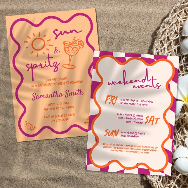 Invitation Main du week-end Sun & Spritz Bachelorette tirée (Sun & Spritz Bachelorette Weeknd Scribble Hand Drawn Funky Summer Orange and Pink Invitation)