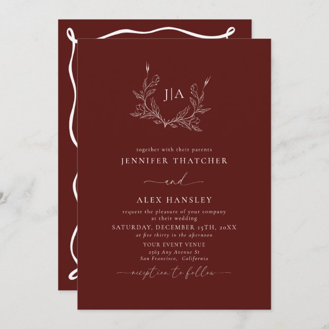 Invitation Main élégante tirée | Mariage de monogramme botani (Devant / Derrière)