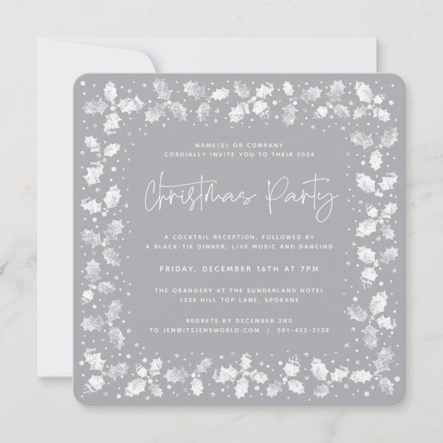 Invitation Main grise imprimé Holly+Berries fête de Noël (Devant)