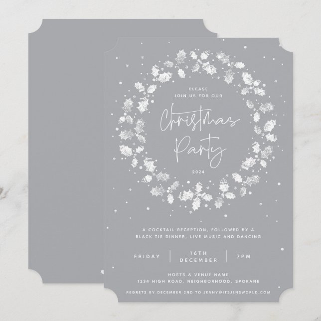 Invitation Main grise imprimé Holly Wreath fête de Noël (Devant / Derrière)