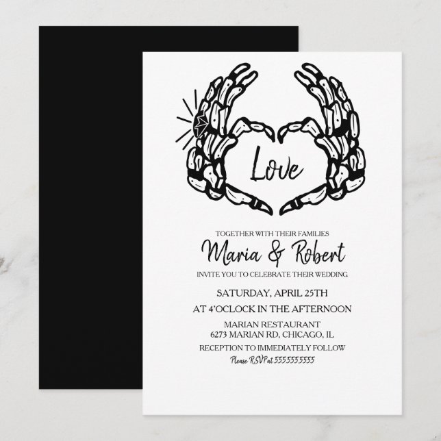 Invitation Main noire de squelette avec anneaux de mariage (Devant / Derrière)