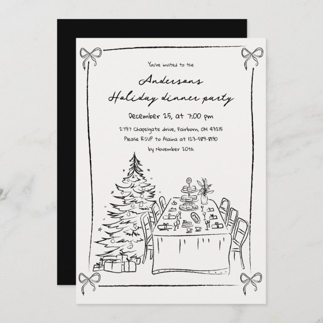 Invitation Main noire et blanche dessinée Fête de Noël (Devant / Derrière)