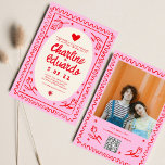 Invitation Main rouge rose tiré Wavy Retro Mariage<br><div class="desc">Photo rose main rouge tiré Wavy Retro Mariage</div>