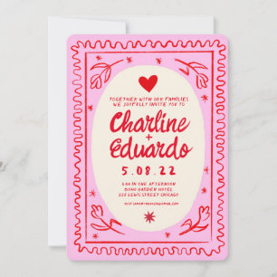 Invitation Main rouge rose tiré Wavy Retro Mariage