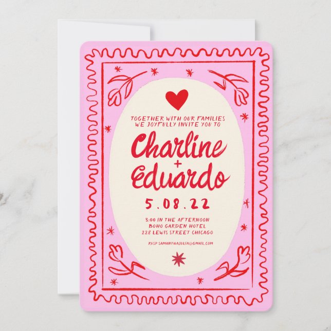 Invitation Main rouge rose tiré Wavy Retro Mariage (Devant)