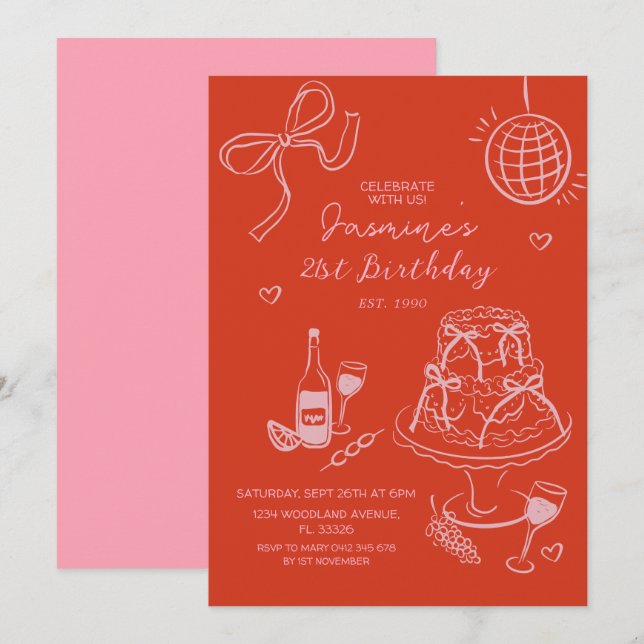 Invitation Main rouge titré mignon rose anniversaire (Devant / Derrière)